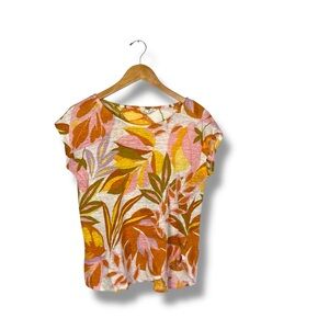 C&C California Floral 100% Linen Blouse Medium Colorful Pink Orange Resortwear